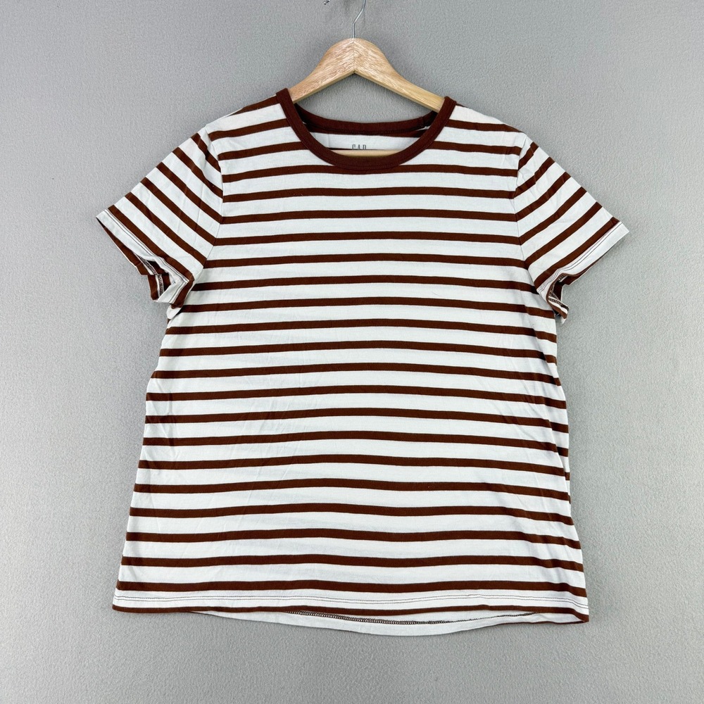 Gap T-Shirt Womens Large Brown White Striped Casual Cotton Tee